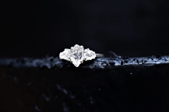 Three Stone Raw Diamond Engagement Ring, Rough Diamond Wedding Band, Uni… - Picture 2 of 3